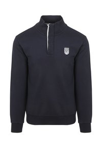Marineblauwe pullover sweatshirt met hoge kraag, halve rits aan de voorkant en geribde mouwen. Bevat een geborduurd patch op de borst.