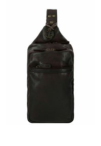 Borsa a tracolla in pelle marrone con una finitura testurizzata, dotata di un dettagliato ancoraggio prominente sulla tracolla e svariati scomparti con zip.