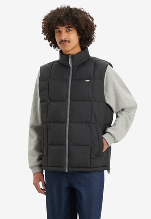 Jeune homme aux cheveux bouclés portant un gilet matelassé noir par-dessus un sweat-shirt gris et un jean bleu, debout avec une main dans la poche.