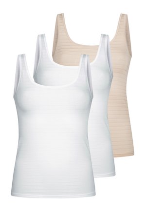 Two white and two beige sleeveless tank tops with scoop necks, arranged overlapping on a white background.