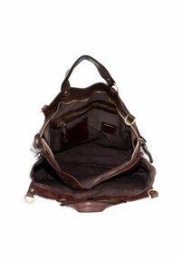 Sac en cuir marron avec une texture douce, deux poignées supérieures, plusieurs poches zippées et quincaillerie en laiton. L'intérieur ouvert révèle un doublure en tissu.