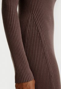 Langärmliges, geripptes Kleid aus dunkelbraunem Stoff, mit vertikalen Streifen und einer taillierten Silhouette, das eine dezente Nahtdetails an der Seite aufweist.