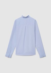 Light blue long-sleeve shirt with a ruffled collar, buttoned cuffs, back pleat, and smooth texture. Simple design and clean lines.