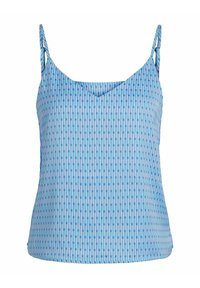 Ärmlös blus i ljusblått med ett geometriskt mönster som har vertikala linjer i olika nyanser av blått och rosa. V-ringad design.