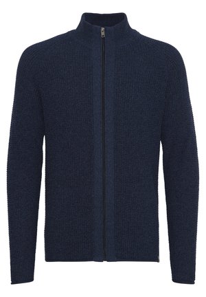 Marineblauer Reißverschluss-Pullover mit hohem Kragen, strukturiertem Strickstoff und langen Ärmeln, ausgestattet mit einem Frontreißverschluss und gerippten Akzenten.