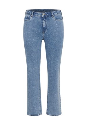 Light blue denim jeans with a straight fit, featuring a speckled design, classic five-pocket styling, and a button closure at the waist.