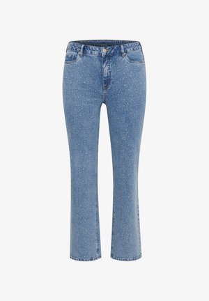 Hellblaue Jeans aus Denim mit geradem Schnitt, mit einem gesprenkelten Design, klassischem Fünf-Taschen-Stil und einem Knopfverschluss an der Taille.
