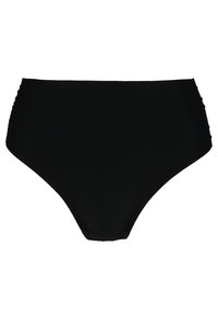 High-waisted black bikini bottom made from smooth fabric with gathered side accents, designed for full coverage and a classic fit.