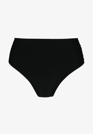 High-waisted black bikini bottom made from smooth fabric with gathered side accents, designed for full coverage and a classic fit.
