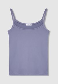 Camisole di un leggero viola con spalline sottili, realizzata in tessuto morbido. Presenta un collo a giro e un design semplice e aderente.