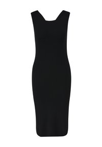 Robe débardeur noire à côtes, avec un col carré, une forme ajustée et une longueur au genou. Fabriquée en tissu extensible pour le confort.