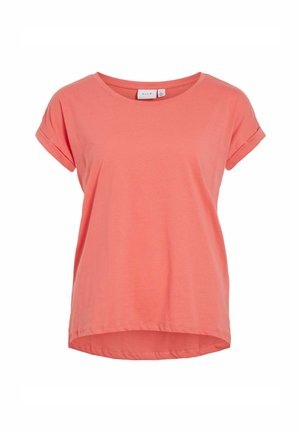 Koralo spalvos trumpomis rankovėmis kasdienis marškinėliai su sukurtomis rankovėmis, apvaliu iškirpimu ir šiek tiek išlenktu juosmeniu, matomi iš priekio ant balto fono.