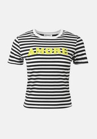 Black and white striped short-sleeve t-shirt with a round neckline and yellow embroidered "AMORE" text on the front.