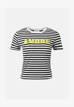 Svart-hvitt stripete t-skjorte med kort erme og rund halslinning, med gul brodert "AMORE" tekst på forsiden.