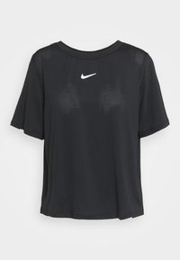 Camiseta negra de manga corta hecha de tela texturizada, con un cuello redondo y un logo de Nike blanco centrado en el pecho.