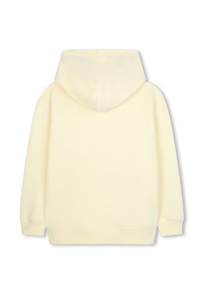 Geel hoodie met een gladde textuur, voorzien van een trekkoordmuts en ribgebreide manchetten. Geen voor ontwerp of zichtbare logo's.