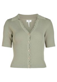 Korte mouw, geribde cardigan in lichtgroen met een gekartelde kraag, V-hals en decoratieve knopen aan de voorkant.