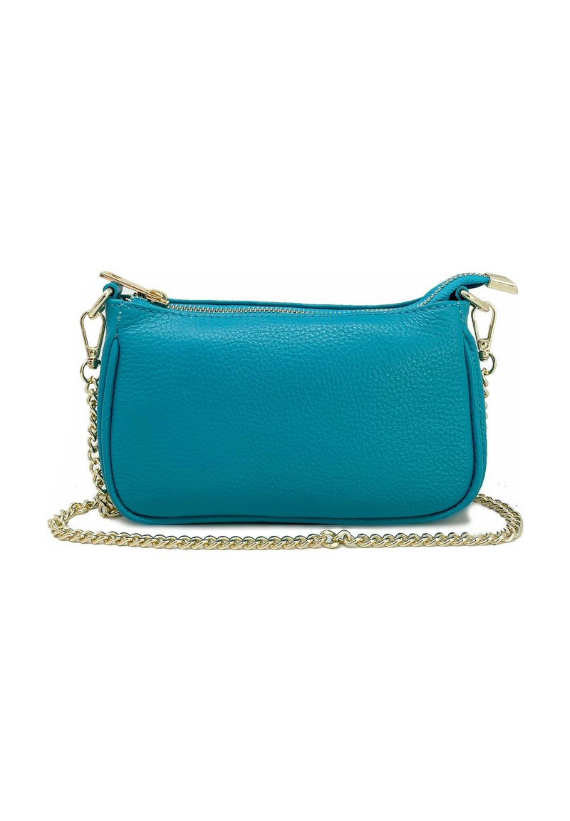 Tealfärgad läderväska med en strukturerad yta, dragkedjestängning och ett guldkedjestropp. Kompakt rektangulär form.