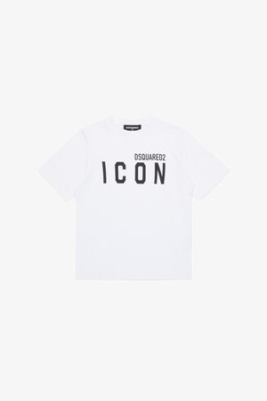 Balta kokvilnas T-kreklu ar īsām piedurknēm, apaļu dekoltē un melnu grafiku ar uzrakstu "DSQUARED2 ICON" priekšpusē.