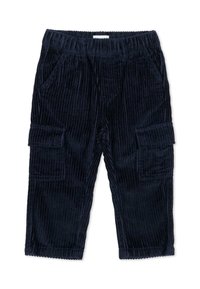 Granatowe spodnie sztruksowe o miękkiej fakturze, z bocznymi kieszeniami i kieszeniami typu cargo na nogawkach. Elastyczna talia dla komfortu.