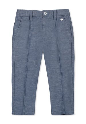 Pantaloni blu a motivo a spina di pesce con taglio dritto, dotati di tasche anteriori e chiusura con bottone in vita.
