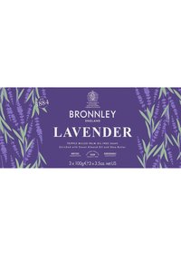 Bronnley Lavender soap packaging, purple background with lavender illustrations, features product details in white text, includes three 100g bars.