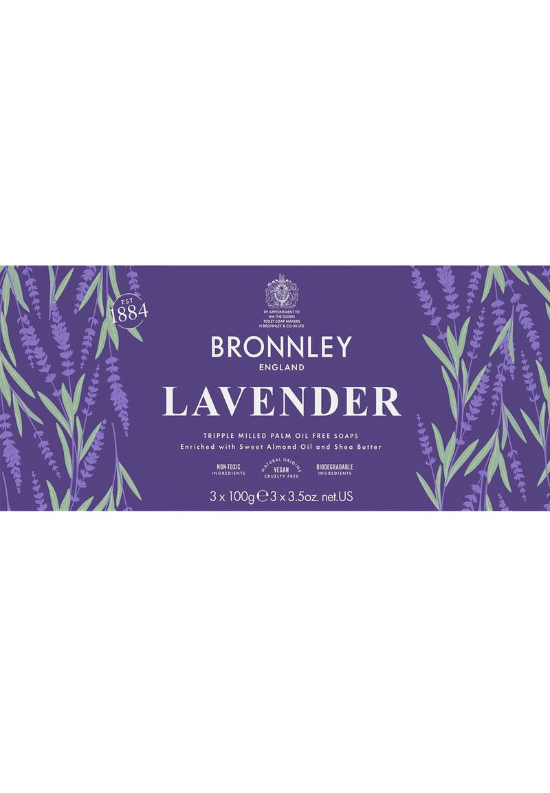 Bronnley Lavender soap packaging, purple background with lavender illustrations, features product details in white text, includes three 100g bars.