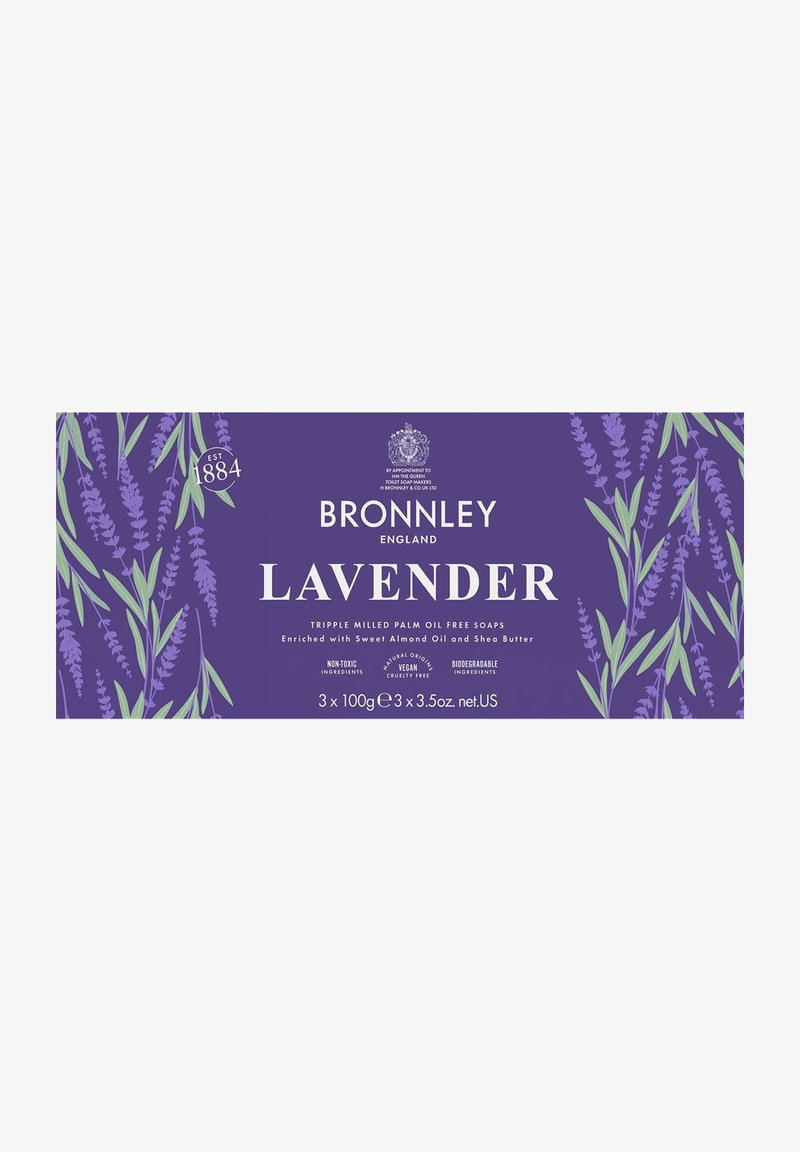 Bronnley Lavender soap packaging, purple background with lavender illustrations, features product details in white text, includes three 100g bars.
