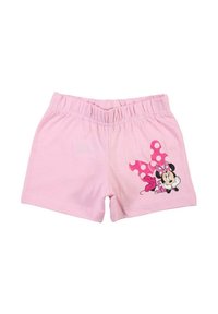 Shorts en coton rose avec une taille élastique. Présentent un motif imprimé de Minnie Mouse avec des pois roses et des accents noirs.