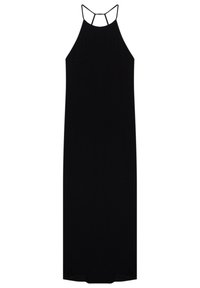 Longue robe noire sans manches avec un décolleté halter et de fines bretelles formant un motif géométrique dans le dos.