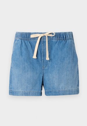 Heledad sinised teksashortsid elastse vöökoha, reguleeritava beeži nööriga ja sileda tekstuuriga, pööratud servadega.