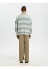 Homme debout de dos, portant un pull à rayures bleues et blanches, un pantalon beige et des chaussures noires sur un fond blanc uni.