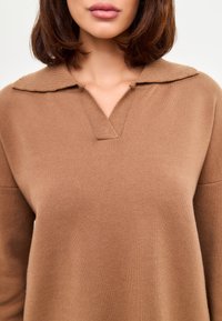 Pulover tricotat maro, cu guler elastic, design în formă de V și croială lejeră. Textură netedă și material moale, potrivit pentru îmbrăcăminte casuală.
