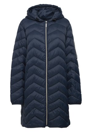Mörkblå puffjacka med ett chevron-quiltat mönster, dragkedja framtill och justerbar huva. Har sidofickor och en avslappnad passform.