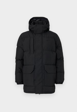 Schwarze gepolsterte Jacke mit Kapuze, ausgestattet mit Druckknopfverschlüssen, zwei Vorderaschen und elastischen Bündchen. Glatte Textur, lässiges Design.
