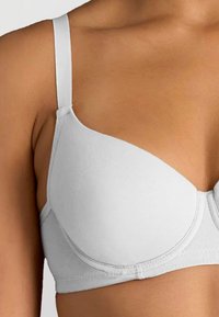 Sostenitore con stecche in grigio chiaro. Tessuto liscio con coppe sagomate e spalline regolabili. Presenta un design senza cuciture e una chiusura posteriore sicura.