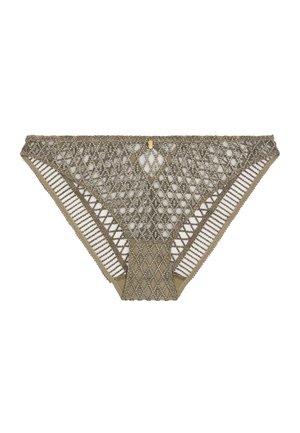 Culotte femme style bikini vert olive avec dentelle à motif losanges et petit charm décoratif doré au centre de la ceinture.