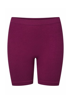 Burgundowe rozciągliwe szorty rowerowe wykonane z prążkowanej tkaniny; mają gładki pas i długość do połowy uda, zapewniając komfort i zakrycie.