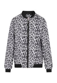 Bomber bunda s leopardím vzorem v šedé a černé barvě, s předním zipem, žebrovanými manžetami a spodním lemem a klasickým kulatým límcem.