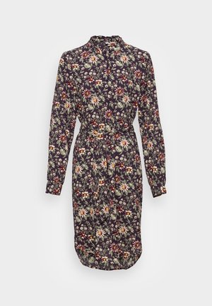 Langemouwige, knie-lange bloemenjurk met een donkere achtergrond, knopen aan de voorkant, gerimpelde kraag en bijpassende stoffen riem.