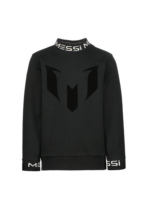 Sweat-shirt noir à manches longues avec col montant et poignets affichant le texte "MESSI" et un grand logo noir stylisé "M" sur le devant.