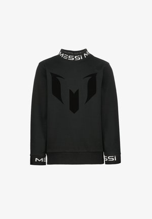 Schwarzer Langarm-Sweatshirt mit hohem Kragen und Bündchen, die den Text "MESSI" und ein großes stilisiertes schwarzes "M"-Logo auf der Vorderseite zeigen.