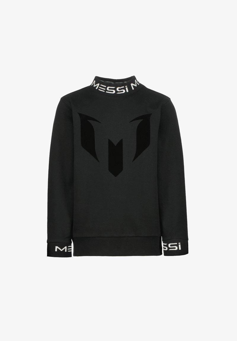 Sweat-shirt noir à manches longues avec col montant et poignets affichant le texte "MESSI" et un grand logo noir stylisé "M" sur le devant.