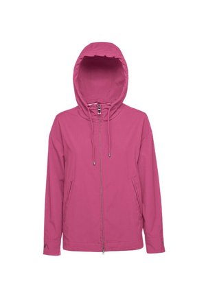 Giacca leggera rosa con cappuccio, chiusura frontale con zip, due tasche laterali e lacci regolabili. Texture liscia e design semplice.