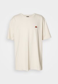 Cream-colored cotton t-shirt with short sleeves, round neckline, and a small embroidered sunset logo on the left chest.