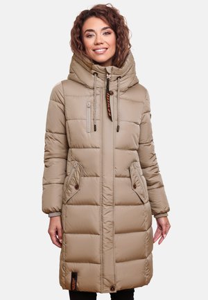 Beige puffer coat with quilted texture, large hood, front zip, and two side pockets. Accents include brown toggle details and logo.