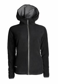 Svart fleecejacka med huva, framfack med dragkedja, sidofickor och grå inredning. Slät textur och åtsittande design.
