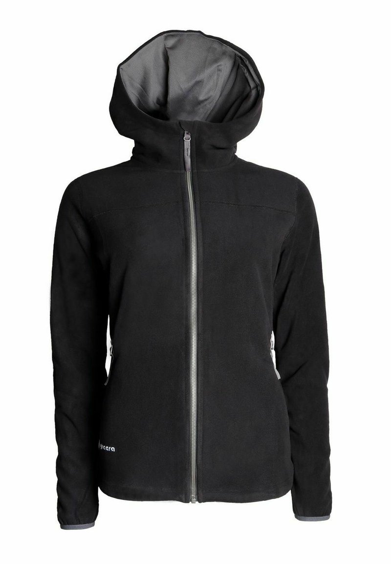 Svart fleecejacka med huva, framfack med dragkedja, sidofickor och grå inredning. Slät textur och åtsittande design.