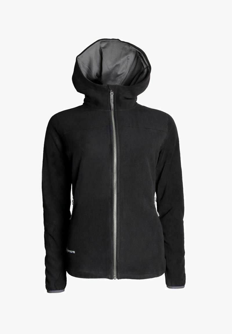 Svart fleecejacka med huva, framfack med dragkedja, sidofickor och grå inredning. Slät textur och åtsittande design.