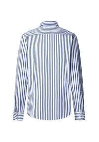 Chemise blanche à manches longues avec fines rayures verticales bleues, poignets boutonnés et col classique, vue de dos sur fond blanc.